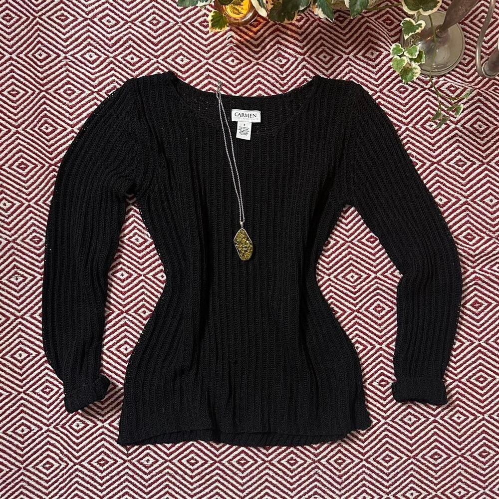Carmen Marc Valvo Knit Sweater Top- Womans S/M long sleeve crochet shirt 90S y2k